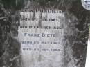 Anna M.L. DIETE,
born 17 Feb 1865,
died 17 March 1925;
Franz DIETE,
born 8 May 1863,
died 6 Nov 1953;
research contact: Jan HOGER
Ann Marie Louisa DIETE
Caffey Cemetery, Gatton Shire