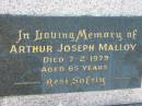 Arthur Joseph MALLOY,
died 7-2-1979 aged 65 years;
Mary MALLOY,
died 27-12-94 aged 77 years;
Canungra Cemetery, Beaudesert Shire