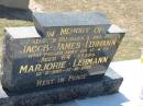 Jacob James LEHMANN, husband father,
died 13-4-75 aged 64 years;
Marjorie LEHMANN,
12-2-1915 - 17-10-2001;
Canungra Cemetery, Beaudesert Shire