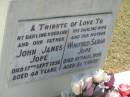 John James JOPE, husband father,
died 17 SEpt 1956 aged 48 years;
Winifred Sarah JOPE, wife mother,
died 10 Aug 1959 aged 51 years;
Canungra Cemetery, Beaudesert Shire