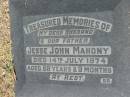 Jess John MAHONY, husband father,
died 14 July 1974 aged 89 years & 9 months;
Canungra Cemetery, Beaudesert Shire