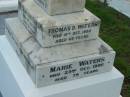 John WATERS,
died 6 Dec 1933 aged 67 years;
Margaret WATERS, mother,
died 14 Nov 1955 aged 79 years;
Thomas D. WATERS,
died 10 Oct 1980 aged 68 years;
Marie WATERS,
died 23 Oct 1990 aged 79 years;
Sacred Heart Catholic Church, Christmas Creek, Beaudesert Shire