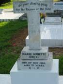 Maree Annette ONEILL,
died 9 May 1966 aged 15 years;
Sacred Heart Catholic Church, Christmas Creek, Beaudesert Shire