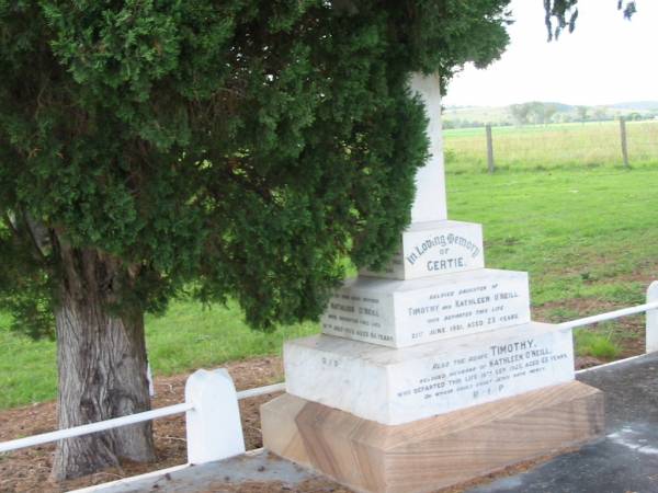 Gertie, daughter of Timothy & Kathleen O'NEILL,  | died 21 June 1921 aged 23 years;  | Timothy, husband of Kathleen O'NEILL,  | died 16 Sept 1925 aged 65 years;  | Moyra O'NEILL, their granddaughter,  | died 9 April 1922 aged 1 year;  | Kathleen O'NEILL, mother,  | died 14 July 1955 aged 86 years;  | Sacred Heart Catholic Church, Christmas Creek, Beaudesert Shire  |   | 