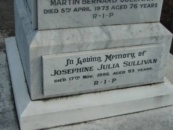 Martin SULLIVAN,  | born County Clare, Ireland,  | died Christmas Creek 29 March 1904 aged 68 years;  | Mary Elizabeth, wife of Martin SULLIVAN,  | died 2 Feb 1921 aged 55 years;  | Martin Bernard SULLIVAN,  | died 5 April 1973 aged 76 years;  | Josephine Julia SULLIVAN,  | died 17 Nov 1996 aged 93 years;  | Sacred Heart Catholic Church, Christmas Creek, Beaudesert Shire  | 
