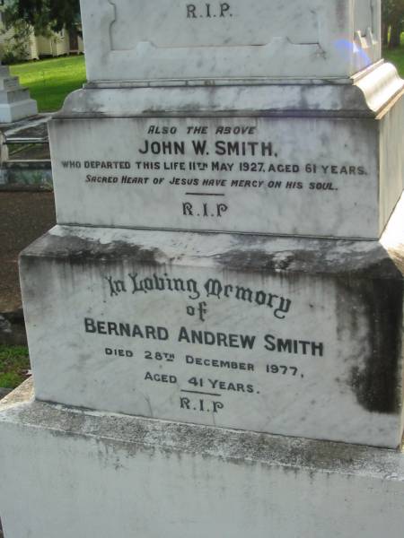 Julia, wife of John W. SMITH,  | died 1 Jan 1907 aged 32 years;  | John W. SMITH,  | died 11 May 1927 aged 61 years;  | Bernard Andrew SMITH,  | died 28 Dec 1977 aged 41 years;  | Sacred Heart Catholic Church, Christmas Creek, Beaudesert Shire  | 