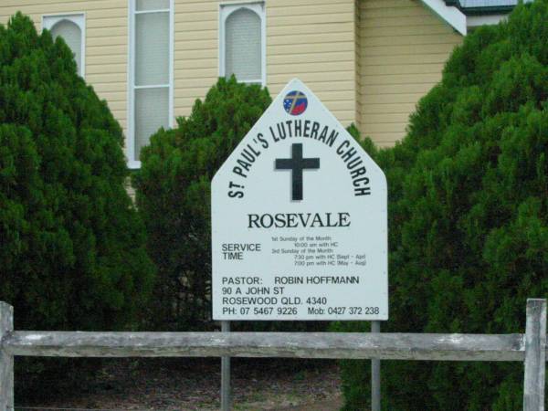 Rosevale St Paul's Lutheran Church;  | Rosevale St Paul's Lutheran cemetery, Boonah Shire  | 