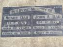 Henry DAU,
died 13-2-1975 aged 80 years;
John A. DAU,
died 24-12-1977 aged 28 years;
Coleyville Cemetery, Boonah Shire