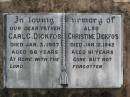 Carl G. DICKFOS, father,
died 3 Jan 1937 aged 86 years;
Christine DICKFOS,
died 12 Jan 1942 aged 91 years;
Coleyville Cemetery, Boonah Shire