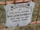 William SCHULZE, father,
died 22 Dec 1920 aged 91 years;
Coleyville Cemetery, Boonah Shire