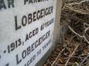 parents;
Friedrich LOBEGEIGER,
died 26 Aug 1913 aged 61 years;
Ernestine LOBEGEIGER,
died 23 June 1923 aged 72 years;
Coleyville Cemetery, Boonah Shire