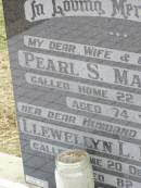 Pearl S. MANDELKOW, wife mother,
died 22 March 1996 aged 74 years;
Llewellyn L. MANDELKOW, husband father,
died 20 Dec 1998 aged 82 years;
Coleyville Cemetery, Boonah Shire