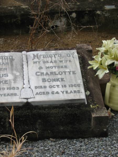 Angus BONKE,  | father,  | died 29 June 1983 aged 95 years;  | Charlotte BONKE,  | wife mother,  | died 15 Oct 1966 aged 64 years;  | Coulson General Cemetery, Scenic Rim Region  | 