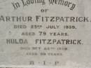 
Arthur FITZPATRICK,
died 23 July 1939 aged 79 years;
Hulda FITZPATRICK,
died 26 Oct 1950 aged 80 years;
Coulson General Cemetery, Scenic Rim Region
