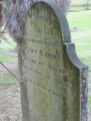 
Ruby PERREM,
daughter,
died 22 Feb 1907 aged 13 years 7 months;
Coulson General Cemetery, Scenic Rim Region
