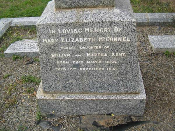 Mary Elizabeth McCONNEL  | b: 24 Mar 1855  | d: 17 Nov 1941  | eldest daughter of William and Martha KENT  |   | James Henry McCONNEL  | b: 18 Apr 1850  | d: 7 Jun 1914  | eldest son of David CANNON and Mary Macleod McCONNEL  |   | Ursula Hope McCONNEL  | b: 27 Oct 1888  | d:  6 Nov 1957  |   | Katharine Macleod McCONNEL  | b: 11 May 1886  | d: 20 Aug 1946  |   | Mary Elspeth WHITE  | b: 11 Oct 82  | d: 25 Mar 56  | wife of Bevis Gerald WHITE  |   | Cressbrook Homestead, Somerset Region  |   | 