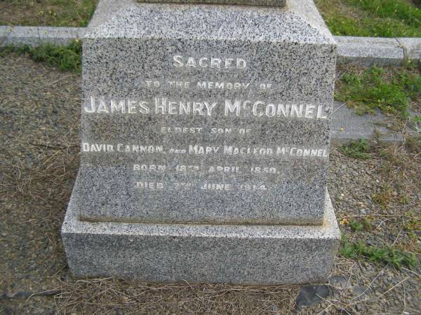 Mary Elizabeth McCONNEL  | b: 24 Mar 1855  | d: 17 Nov 1941  | eldest daughter of William and Martha KENT  |   | James Henry McCONNEL  | b: 18 Apr 1850  | d: 7 Jun 1914  | eldest son of David CANNON and Mary Macleod McCONNEL  |   | Ursula Hope McCONNEL  | b: 27 Oct 1888  | d:  6 Nov 1957  |   | Katharine Macleod McCONNEL  | b: 11 May 1886  | d: 20 Aug 1946  |   | Mary Elspeth WHITE  | b: 11 Oct 82  | d: 25 Mar 56  | wife of Bevis Gerald WHITE  |   | Cressbrook Homestead, Somerset Region  |   | 