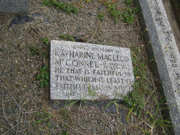 Mary Elizabeth McCONNEL  | b: 24 Mar 1855  | d: 17 Nov 1941  | eldest daughter of William and Martha KENT  |   | James Henry McCONNEL  | b: 18 Apr 1850  | d: 7 Jun 1914  | eldest son of David CANNON and Mary Macleod McCONNEL  |   | Ursula Hope McCONNEL  | b: 27 Oct 1888  | d:  6 Nov 1957  |   | Katharine Macleod McCONNEL  | b: 11 May 1886  | d: 20 Aug 1946  |   | Mary Elspeth WHITE  | b: 11 Oct 82  | d: 25 Mar 56  | wife of Bevis Gerald WHITE  |   | Cressbrook Homestead, Somerset Region  |   | 