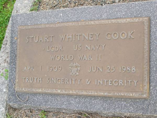 Edgar Cannon McCONNEL  | b: 20 Apr 1881  | d: Cressbrook 25 Sep 1947  | third son of J.H. and M.E. McCONNEL  |   | his wife  | Phyllis Claudia McCONNEL  | b: 23 Jul 1886  | d: 17 Apr 1957  | youngest daughter of T. DeM and F.C. MURRAY PRIOR  |   |   | Stuart Whitney COOK  | b: 1 Apr 1909  | d: 25 Jun 1988  |   | Helen Hope COOK  | b: 15 Oct 1919  | d: 6 Aug 2002  | buried beside her husband and parents  |   | Cressbrook Homestead, Somerset Region  |   |   | 