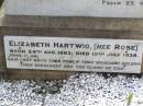 Carl Friedrich HARTWIG,
born 30 Sept 1860,
died 31 Oct 1906 in Douglas;
Elizabeth HARTWIG (nee ROSE),
born 24 Aug 1863,
died 15 July 1938;
Douglas Lutheran cemetery, Crows Nest Shire