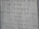 Wilhelmine PRIEBE (nee BRUNWALD),
born 26 Sept 1870 Prussia,
died 30 May 1907 Bergen,
wife of Carl PRIEBE;
Douglas Lutheran cemetery, Crows Nest Shire