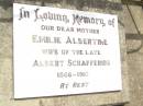 Emilie Albertine,
wife of late Albert SCHAFFERIUS,
mother,
1866 - 1910;
Douglas Lutheran cemetery, Crows Nest Shire