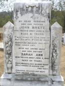 John BRETZ, husband father,
died 3 June 1921 aged 61 years;
Sarah Ann, mother,
died 5 June 1949 aged 84 years;
Douglas Lutheran cemetery, Crows Nest Shire