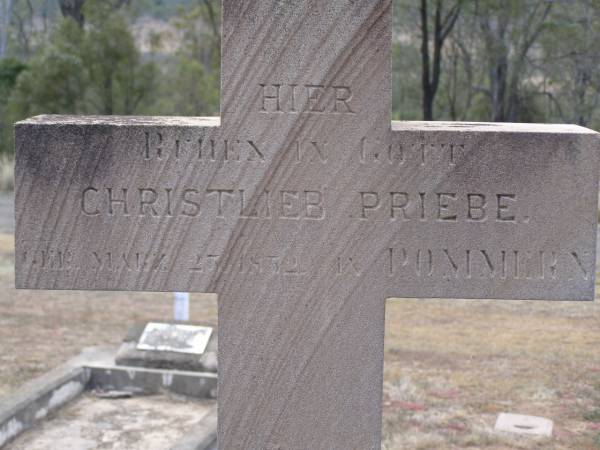 Christlieb PRIEBE,  | born 23 March 1832? (1852?) in Pommern,  | died 25 August 1898 in Bergen;  | Friederike PRIEBE,  | born 4 Dec 1849 in Pommern,  | died 4 June 1912 in Bergen;  | Douglas Lutheran cemetery, Crows Nest Shire  | 
