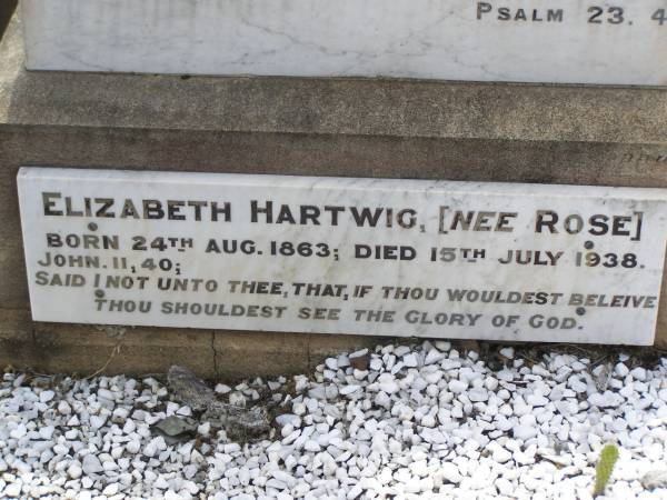 Carl Friedrich HARTWIG,  | born 30 Sept 1860,  | died 31 Oct 1906 in Douglas;  | Elizabeth HARTWIG (nee ROSE),  | born 24 Aug 1863,  | died 15 July 1938;  | Douglas Lutheran cemetery, Crows Nest Shire  | 