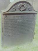 Christopher Irving THOMSON
d: 29 Jul 1854 aged 27, Townfoot, Lockerbie
student of divinity in the United Presbyterian Church
son of John THOMSON
John THOMSON
d: 13 Aug 1852 aged 72 Townfoot, Lockerbie
two infant children lie in Wamphray Church yard
Jane Irving
d: 30 Apr 1861 aged 80
wife of John THOMSON
Cemetery of Dryfesdale Parish Church, Lockerbie, Dumfriesshire, Scotland