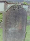 William Dinwoodie
d: 15 Oct 1864 aged 64
shoemaker
his spouse
Jane BELL
d: 5 Nov 1866 aged 66
their daughter
Jane DINWOODIE
d: Jul 1852 aged 6
his mother
Janet SANDERS
d: 17 Feb 1852 aged 84
his daughter
Jeannie B DINWOODIE
d: 16 Aug 1878 aged 55 at Rollahill, Bothwel
wife of Robert CARRUTHERS
their son
Robert CARRUTHERS
d: 6 Dec 1883 aged 8 at Gartsherrie Manse
their daughter
Helen DINWOODIE
d: 5 Jan 1898 aged 67 at Park Place, Lockerbie
their daughter
Janet DINWOODIE
d: 16 Jun 1910 aged 84 at Bridge St, Lockerbie
Cemetery of Dryfesdale Parish Church, Lockerbie, Dumfriesshire, Scotland