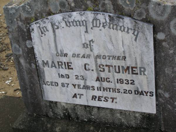 Marie C. STUMER,  | mother,  | died 23 Aug 1932 aged 87 years 11 months 20 days;  | Dugandan Trinity Lutheran cemetery, Boonah Shire  | 