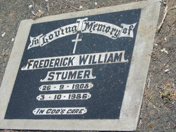 Frederick William STUMER,  | 26-9-1908 - 3-10-1986;  | Dugandan Trinity Lutheran cemetery, Boonah Shire  | 