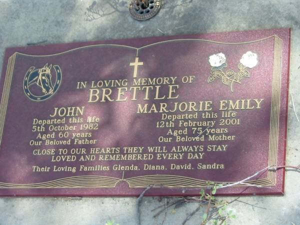 John BRETTLE,  | died 5 Oct 1982 aged 60 years,  | father;  | Majorie BRETTLE,  | died 12 Feb 2001 aged 75 years;  | family Glenda, Diana, David & Sandra;  | Dugandan Trinity Lutheran cemetery, Boonah Shire  | 