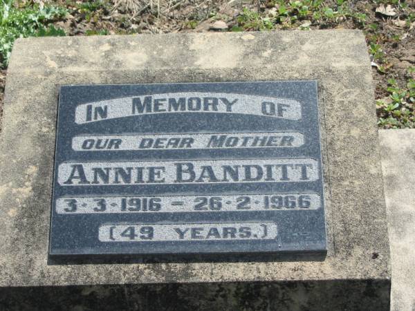 Annie BANDITT,  | mother,  | 3-3-1916 - 26-2-1966 aged 49 years;  | Dugandan Trinity Lutheran cemetery, Boonah Shire  | 