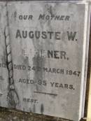 August A.J. LINDNER,
father,
died 20 Jan 1912 aged 65 years;
Auguste W. LINDNER,
mother,
died 24 March 1947 aged 95 years;
Dugandan Trinity Lutheran cemetery, Boonah Shire