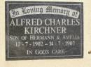 Alfred Charles KIRCHNER,
son of Herman & Amelia,
12-7-1902 - 14-7-1907;
Dugandan Trinity Lutheran cemetery, Boonah Shire