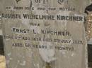Auguste Wilhelmine KIRCHNER,
wife of Ernst L. KIRCHNER,
mother,
born 6 Aug 1858,
died 5 July 1927 aged 89 years 11 months;
Dugandan Trinity Lutheran cemetery, Boonah Shire
