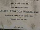 William George WISSEMANN,
husband father,
died 14 Oct 1928 aged 47 years;
Alice Rebecca WISSEMANN,
died 6 June 1961 aged 74 years;
Dugandan Trinity Lutheran cemetery, Boonah Shire