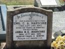 Emil G.A. MARSCHKE,
husband father,
died 25 Aug 1947 aged 68 years 10 months;
Anna M.E. MARSCHKE,
mother,
died 17 Dec 1979 aged 97 years 4 months;
Dugandan Trinity Lutheran cemetery, Boonah Shire