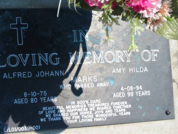 Alfred Johann MARKS  | 8 Oct 75, aged 80  | Amy Hilda MARKS  | 4 Aug 94, aged 99  | Eagleby Cemetery, Gold Coast City  | 