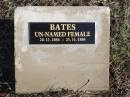 
Given Name(s): Un-named.  Last Name: BATES.  Birth Date: 1884, November 20.                   Gender: F.  Father: George James BATES.  Mother: Martha Ann MURRAY 
Birth PlaceResidence: Emu Bay,  Kangaroo Island 
District: Yankalilla.  Symbol:      BookPage: 33916 
{Found in Birth Index Database:- S.A.G.H.S.}

Given Name(s): Un-named.  Last Name: BATES.  Death Date: 25 Nov 1884.                              Gender: F.  Age: 5d.  Approx. Birth Year: 1884.  Marital Status: C.  
Relative 1: George James BATES (F).  Relative 2: 
Residence: Emu Bay.  Death Place: Emu Bay 
District: Yankalilla.  Symbol:      BookPage: 142372 
{Found in Death Index Database:- S.A.G.H.S.}
[Buried at Emu Bay Cemetery. Plaque installed at Cemetery, June 2016]

Copyright: Mr Kym Scholz, Kangaroo Island Branch, National Trust of South Australia

