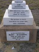 Con OCONNOR,
died 5 Aug 1922 aged 81 years,
erected by wife, sons & daughters;
Mary OCONNOR, wife,
died 12 Nov 1936 aged 79 years;
Emu Creek cemetery, Crows Nest Shire