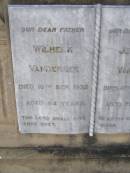 Wilhelm VANDERSEE, father,
died 16 Sept 1932 aged 84 years;
Justina VANDERSEE, mother,
died 4 May 1927 aged 79 years;
Emu Creek cemetery, Crows Nest Shire