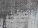 Jane GRAHAM, mother,
died 4 March 1919 aged 82 years;
Henry GRAHAM, father,
died 25 May 1919 aged 81 years;
Emu Creek cemetery, Crows Nest Shire