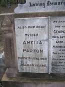 George PARTON, husband father,
died 24 Jan 1927 aged 65 years;
Amelia PARTON, mother,
died 13 June 1950 aged 80 years;
Emu Creek cemetery, Crows Nest Shire