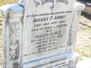 August F. ARNDT, husband father,
died 22 July 1926 aged 72 years 11 months;
Auguste W.C., wife,
died 2 Dec 1941 aged 82 years;
Fernvale General Cemetery, Esk Shire