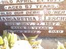 Frederick C. LESCHKE,
husband father,
died 21 April 1971 aged 67 years;
Margaretha E. LESCHKE, mother,
died 27 July 1987 aged 80 years;
Fernvale General Cemetery, Esk Shire