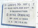 Bertha DENNING,
wife mother grandmother,
died 4 Aug 1960 aged 56 years;
Fernvale General Cemetery, Esk Shire