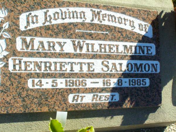 Mary Wilhelmine Henriette SALOMON,  | 14-5-1906 - 16-8-1985;  | Fernvale General Cemetery, Esk Shire  | 